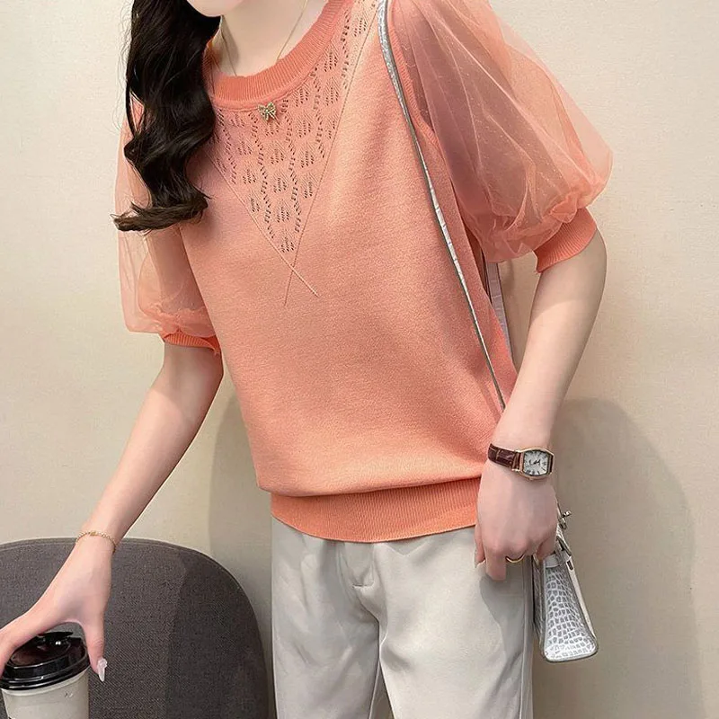 Female Gauze Puff Sleeve Solid Pullovers Elegant Fashion Hollow Out Thin Knitted Tops O-Neck Casual T-shirt Women Summer 2023