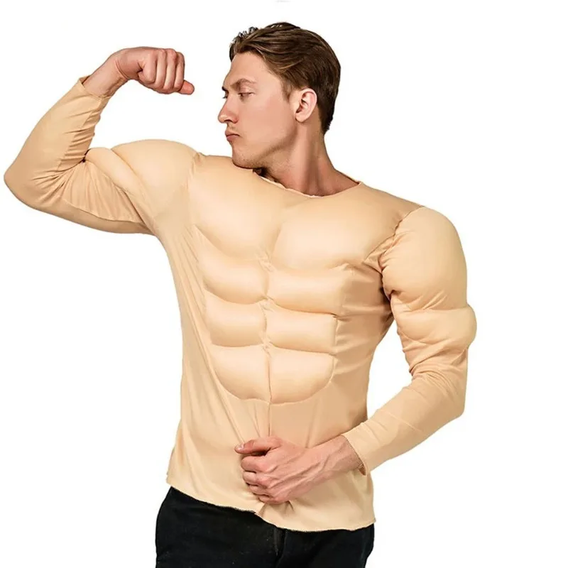 筋肉質の胸の形をしたハロウィンコスチューム、怖いコスプレ衣装、男性用パーティー、ロールプレイ小道具、ボディビルダーの体型スーツ、強調された腹筋付き