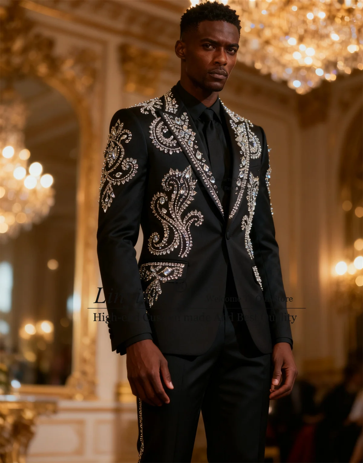 

Luxury Ornament Crystal Men Suit Customized Slim Fit Party Wedding Groom Tuxedos 2 Piece Set Male Prom Blazers Costume Homme