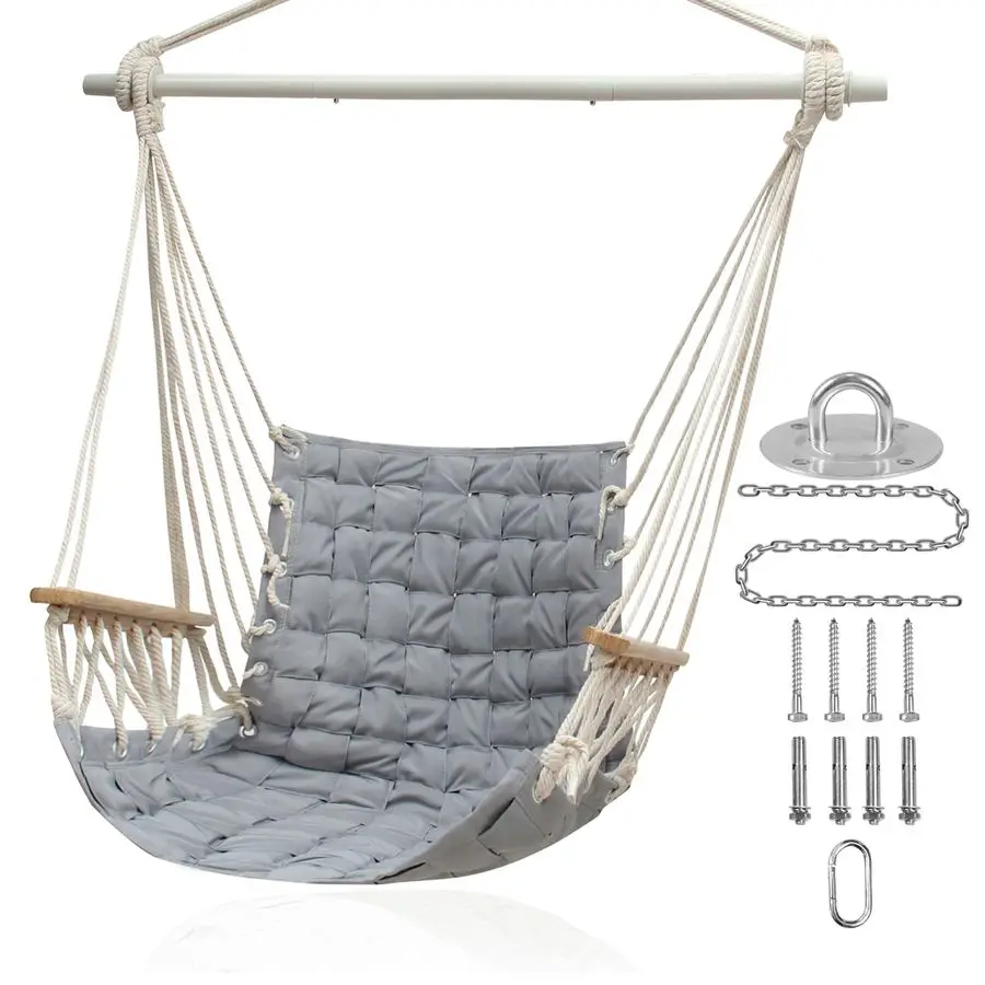 

Подвесное кресло-гамак с деревянными подлокотниками, стальной распорной перекладиной и противоскользящими кольцами, из хлопковой тканой ткани, выдерживает до 300 фунтов, для спальни