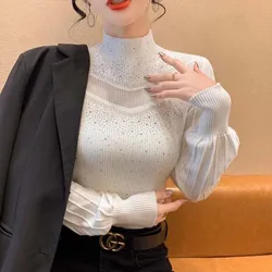Women's Clothing Half High Neck Knitted Sweater Autumn/Winter Patchwork Lace Temperament French Style Pullovers Lady Hot Fix Top