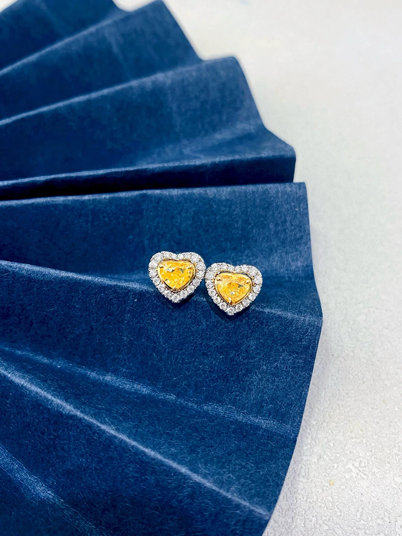 KUGG 100% 18K White Gold Earrings Luxury Heart Shape Real Natural Yellow Diamond Stud Earrings for Women Senior Banquet