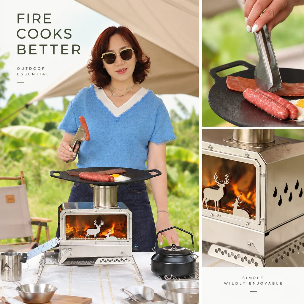 Portable Stainless Steel Foldable Square Outdoor Firewood Burner Stove for Picnic Hiking Camping Outdoor Kitchen Accessories