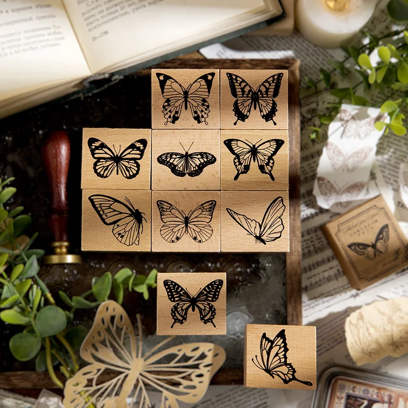 12 Design Vintage Butterfly Flower Decoration Stamp Wooden Rubber Stamp Scrapbook Stationery DIY Craft Standard Stamp