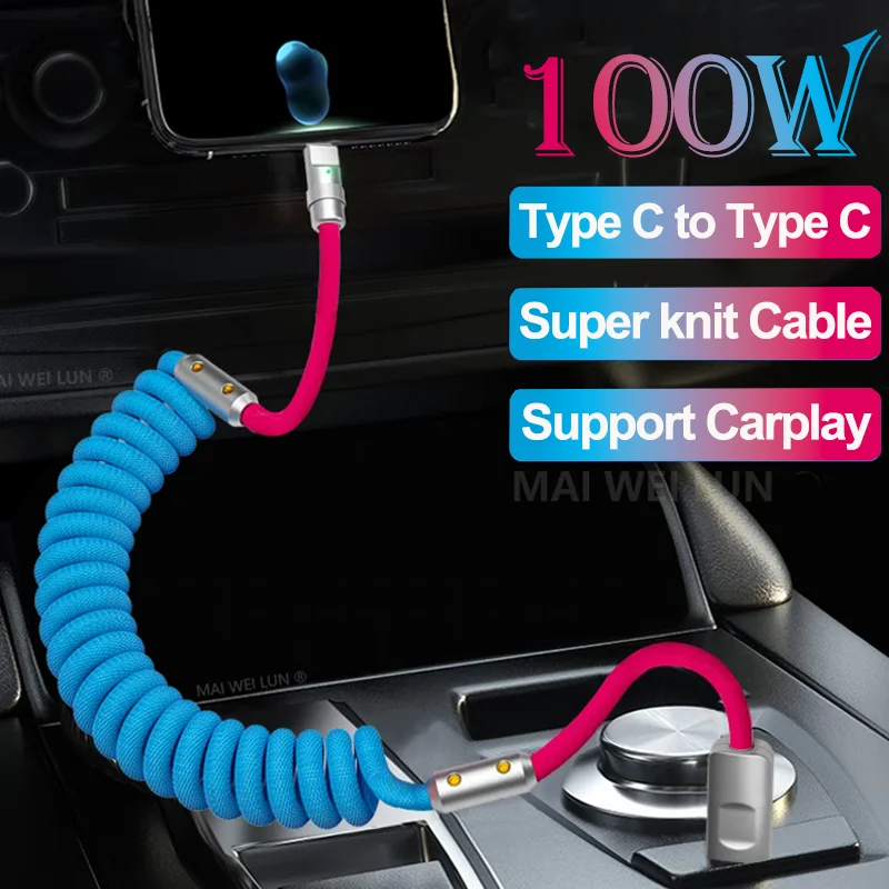 슈퍼 6A PD 100W 차량용 휴대폰 USB C타입 to C타입 데이터 고속 충전 텔레스코픽 케이블, 아이폰 15 프로 맥스 적합하다 삼성 샤오미 원플러스 