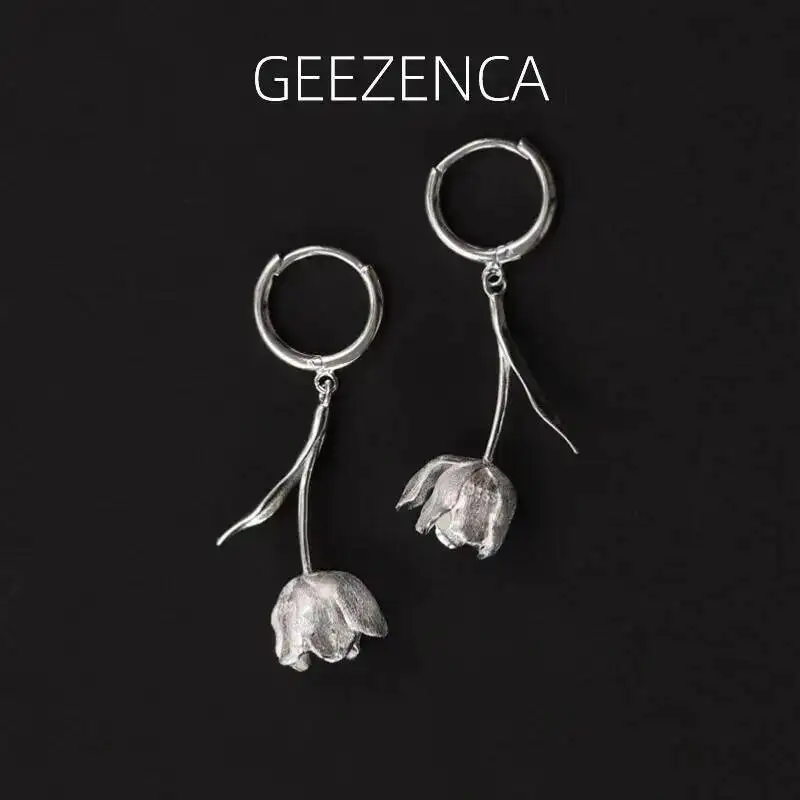 

GEEZENCA 925 Sterling Silver Tulip Flower Dangle Earrings For Women French Chic Minimalistic Luxury Hoop Earring 2023 New Gift