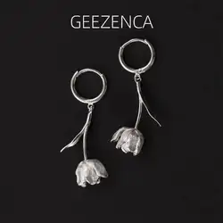 GEEZENCA 925 Sterling Silver Tulip Flower Dangle Earrings For Women French Chic Minimalistic Luxury Hoop Earring 2023 New Gift