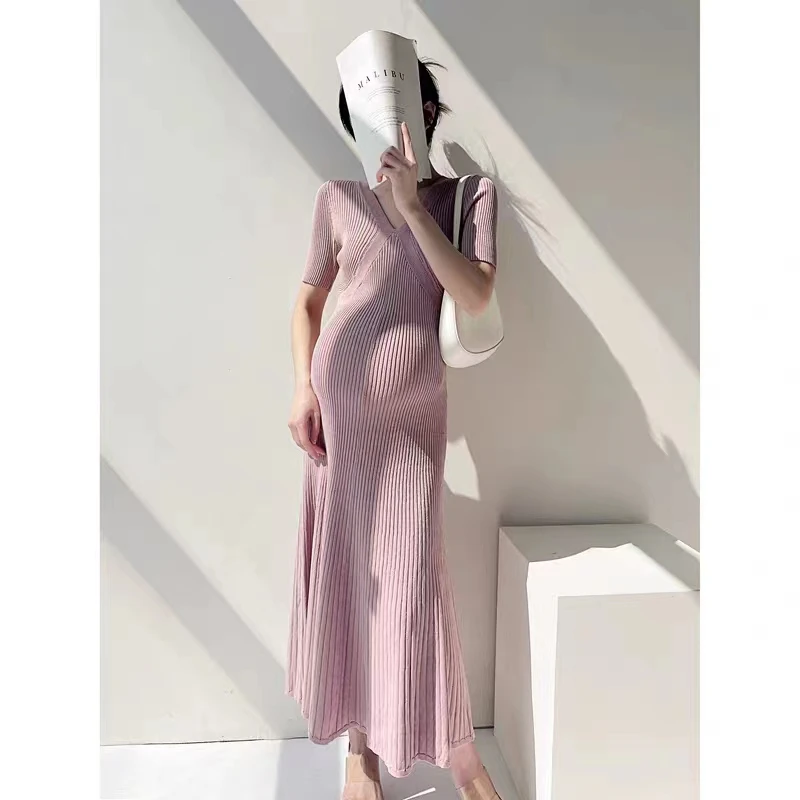 Vestido de punto de maternidad de estilo coreano, Color sólido, manga corta, cuello en V, cintura alta, vestidos elásticos para mujer embarazada,