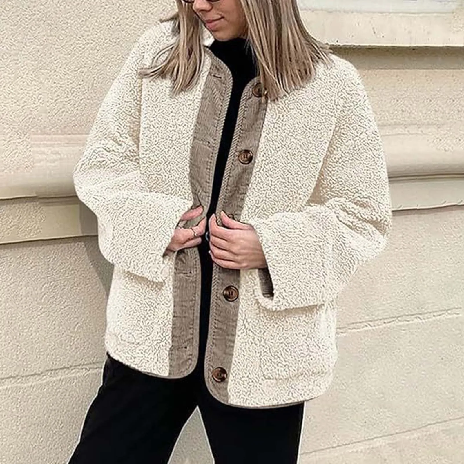 Autumn Winter New Women Solid Lamb Wool Coat Round Neck Single Breasted Pocket Long Sleeve Outerwear Fashion Female Clothes