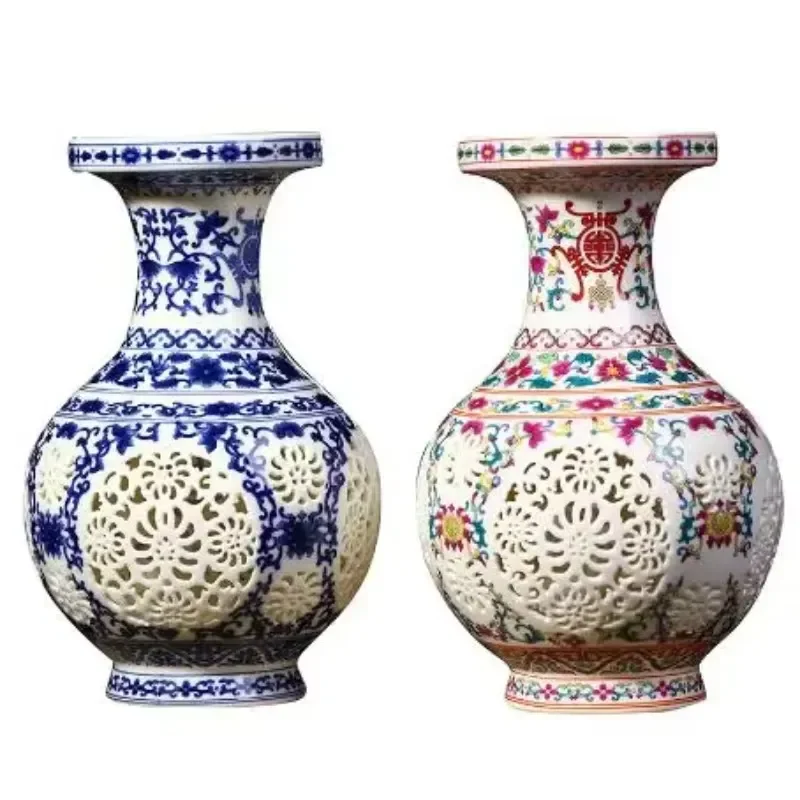 for Antique Jingdezhen Ceramic Vase Chinese Pierced Hollow Porcelain Home Decor Living Room Furnishing Wedding Gift Craft