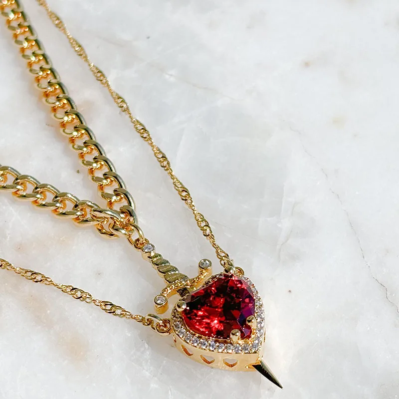 New Heart and Sword Necklace Set Gold Color Stainless Steel Crystal Couple Necklaces for Women Men Boyfriend Girlfriend Gifts
