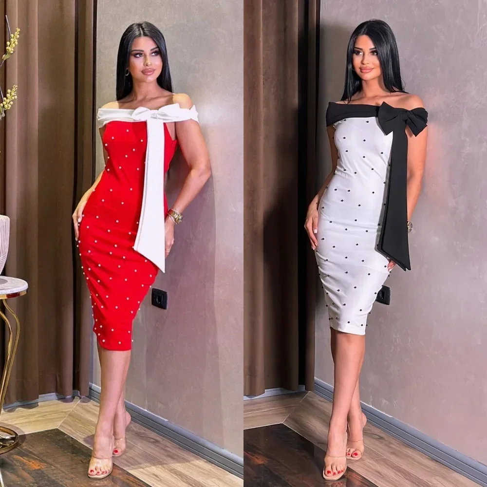 

Customized Jersey Bow Pleat Wedding Party Sheath Off-the-shoulder Bespoke Occasion Gown Knee Length Dresses