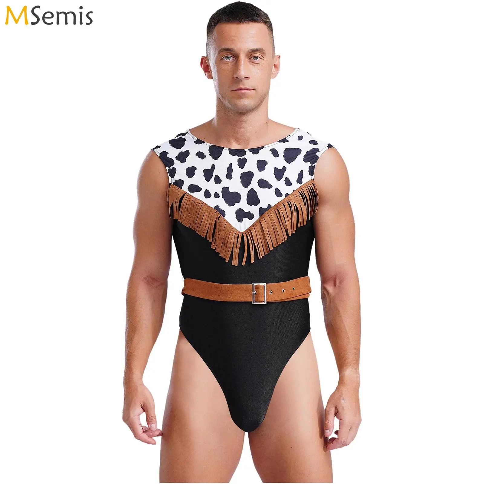 Body da Cowboy da uomo body con stampa mucca nappa con cintura in finta pelle scamosciata aderente aderente canotta perizoma tuta per la festa serale