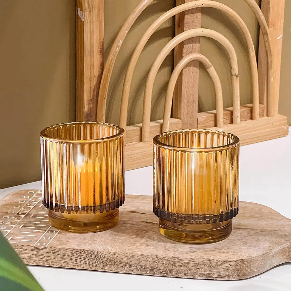 Vintage Ribbed Amber Glass Tealight & Votive Candle Holders , Fall Decor, Boho Decor, Shelf Decoration