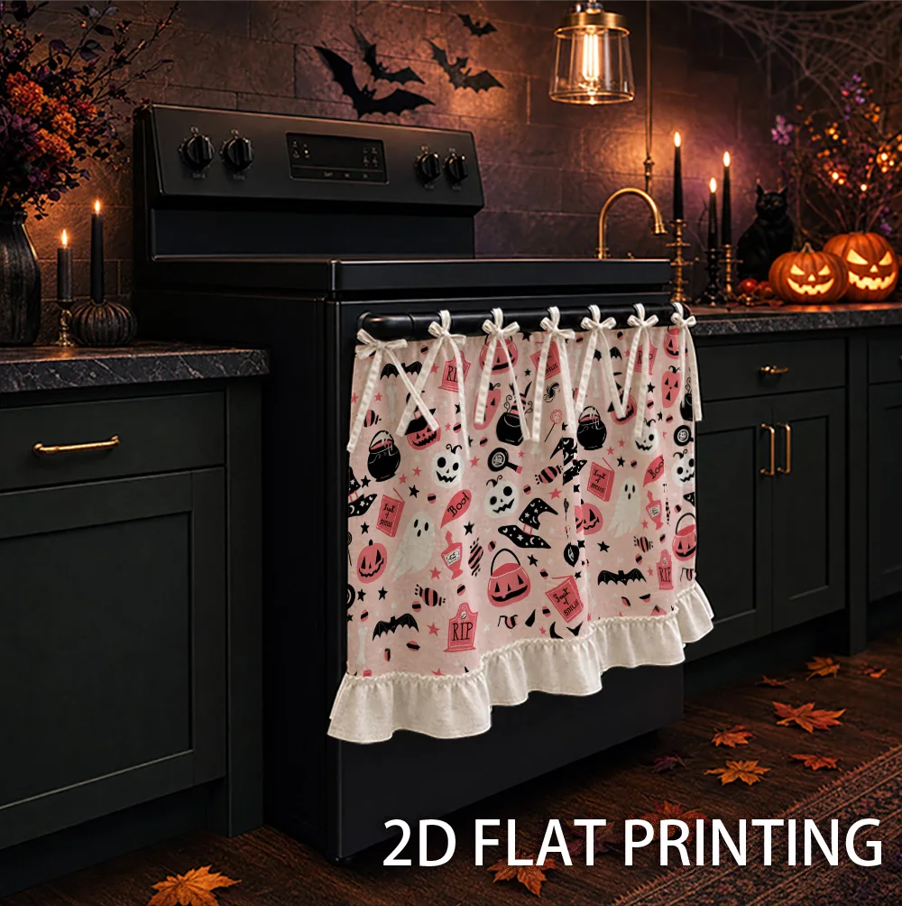 1PC kitchen stove curtain, cabinet curtain, apron. Featuring a 2D graphic design featuring a Halloween print featuring a pink pu