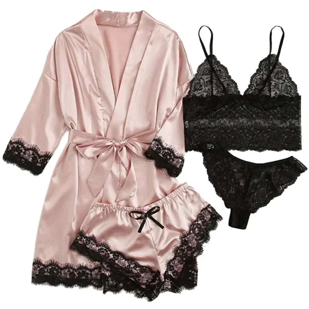 4 Pieces Woman Sleepwear Pajamas Ser With Robe Sexy Lace Lingerie Bathrobe Silk Satin Home Clothed Nightwear Robe