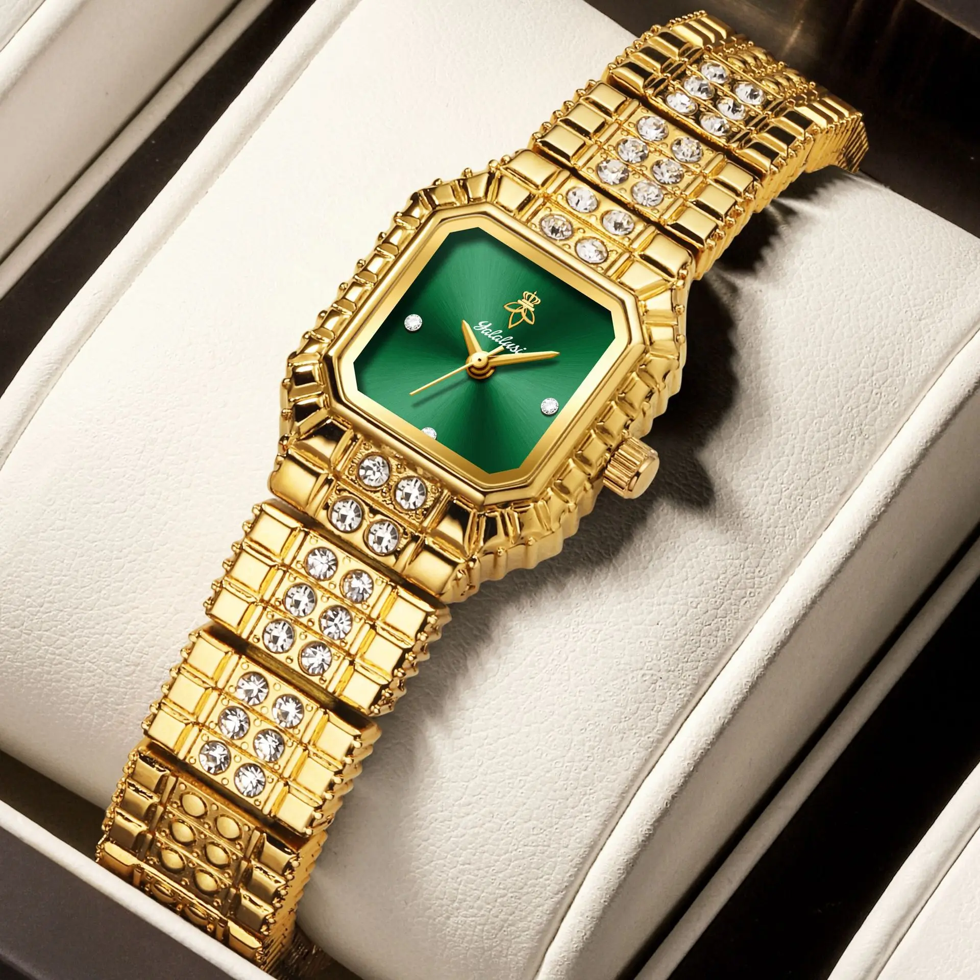 New Luxury Gold Diamond Square Women'S Watch, Chain Strap Quartz Wristwatch, Unique Timepiece, Elegant Ladies' Watch.