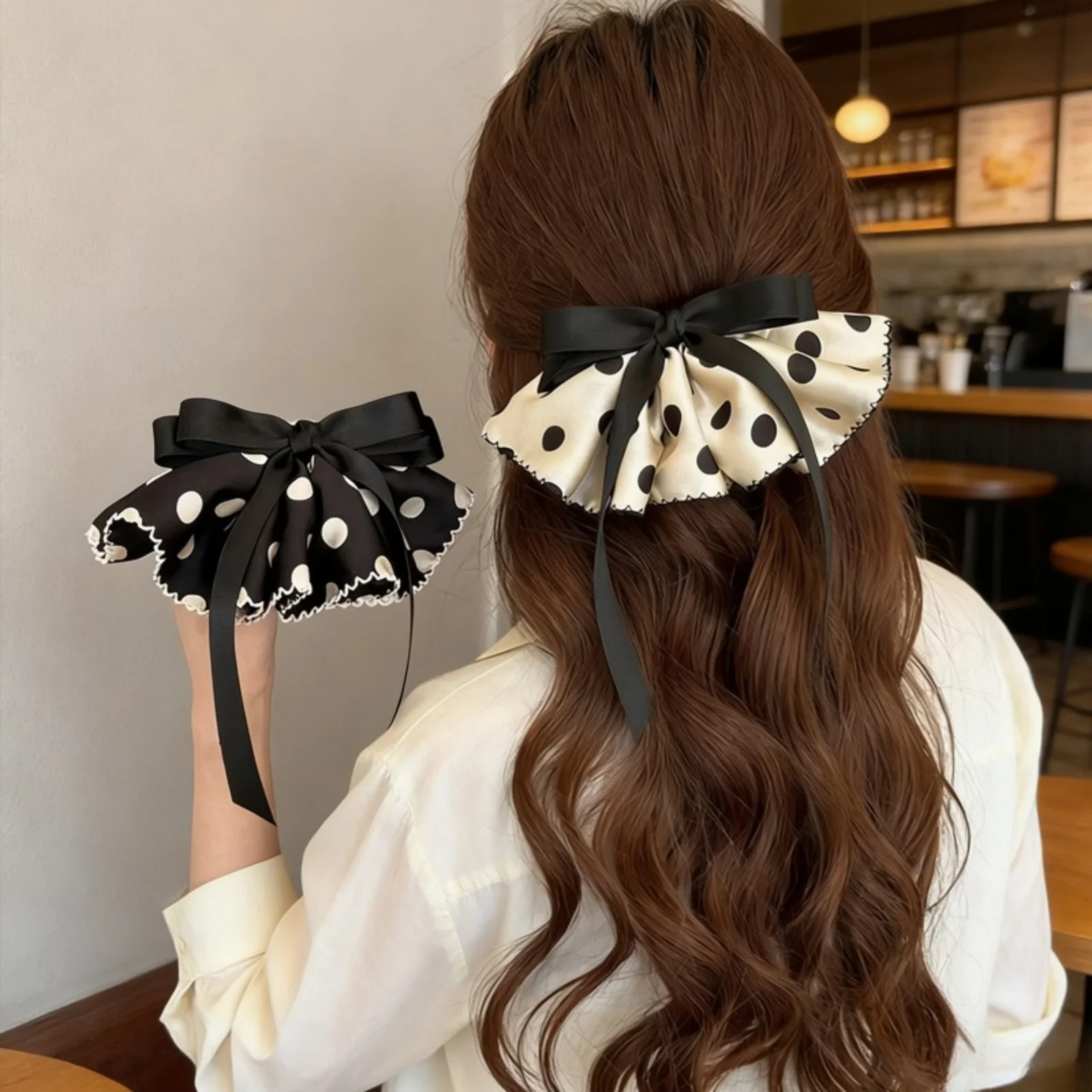1PC Polka Dot Satin Bow Hair Clips For Women Vintage Ruffled Hair Barrettes With Long Ribbon Elegant Hair Accessory For Daily