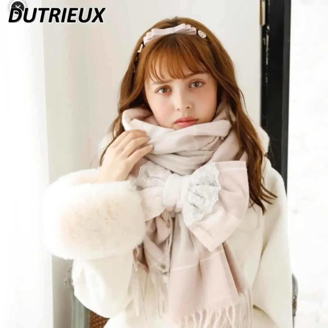 Autumn and Winter New Sweet Cute Girls Plaid Lace Bow Scarf Japanese Style Versatile Outdoor Warm Fringed Scarf Accessories