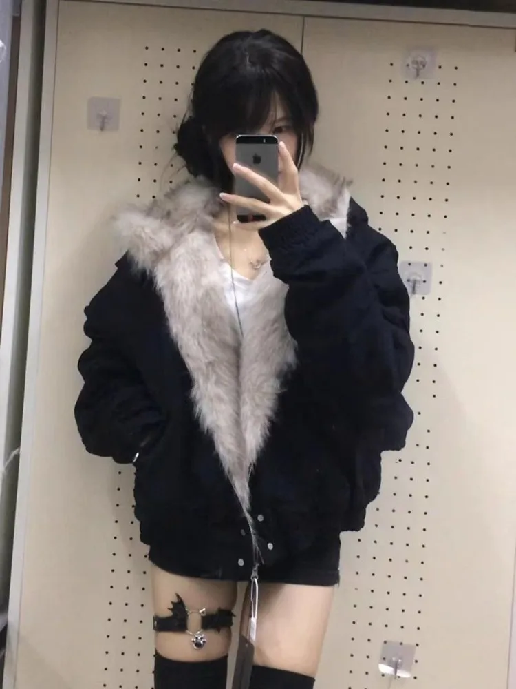Deeptown Liner Fur Y2k Hooded Women Jackets Casual Black Thick Vintage 2000s Punk Cropped Parkas Outerwear Grunge Jackets Gothic