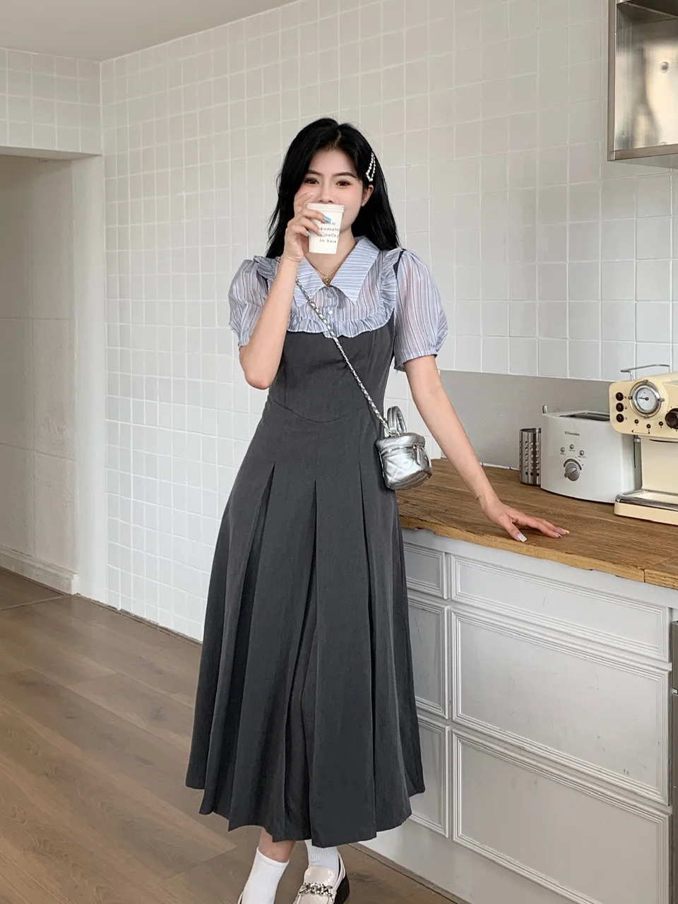

Slimming A-Line Dress Shirt Collar Fake Two-Piece plus Size Summer Fashion Age-Defying Flattering Grey Dress for plus Size Women