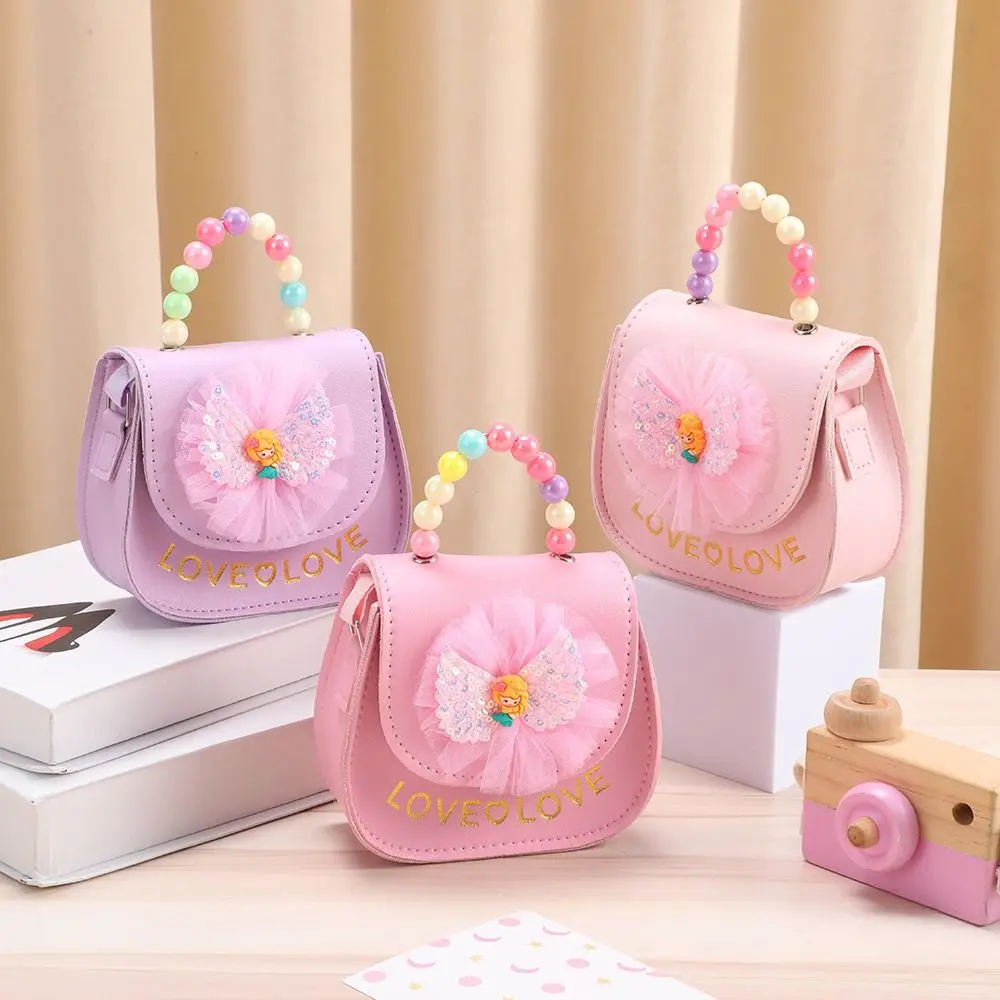 

Creative Cute Flowers Children's Messenger Bag PU Leather Bowknot Handbags Shiny Pearl Crossbody Bags