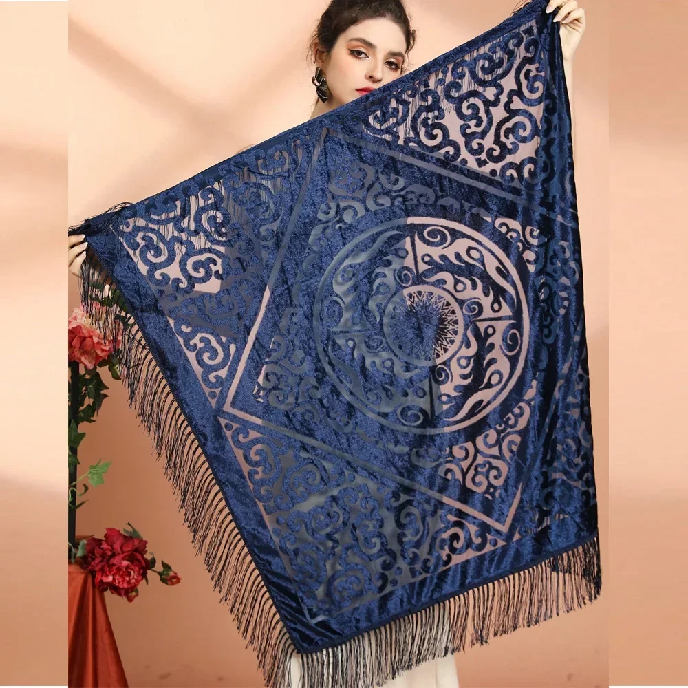 AW25 Velvet Jacquard Shawl with Tassel Trim - Vintage Boho Oriental Scarf for Cheongsam & Winter Warmth - view 3