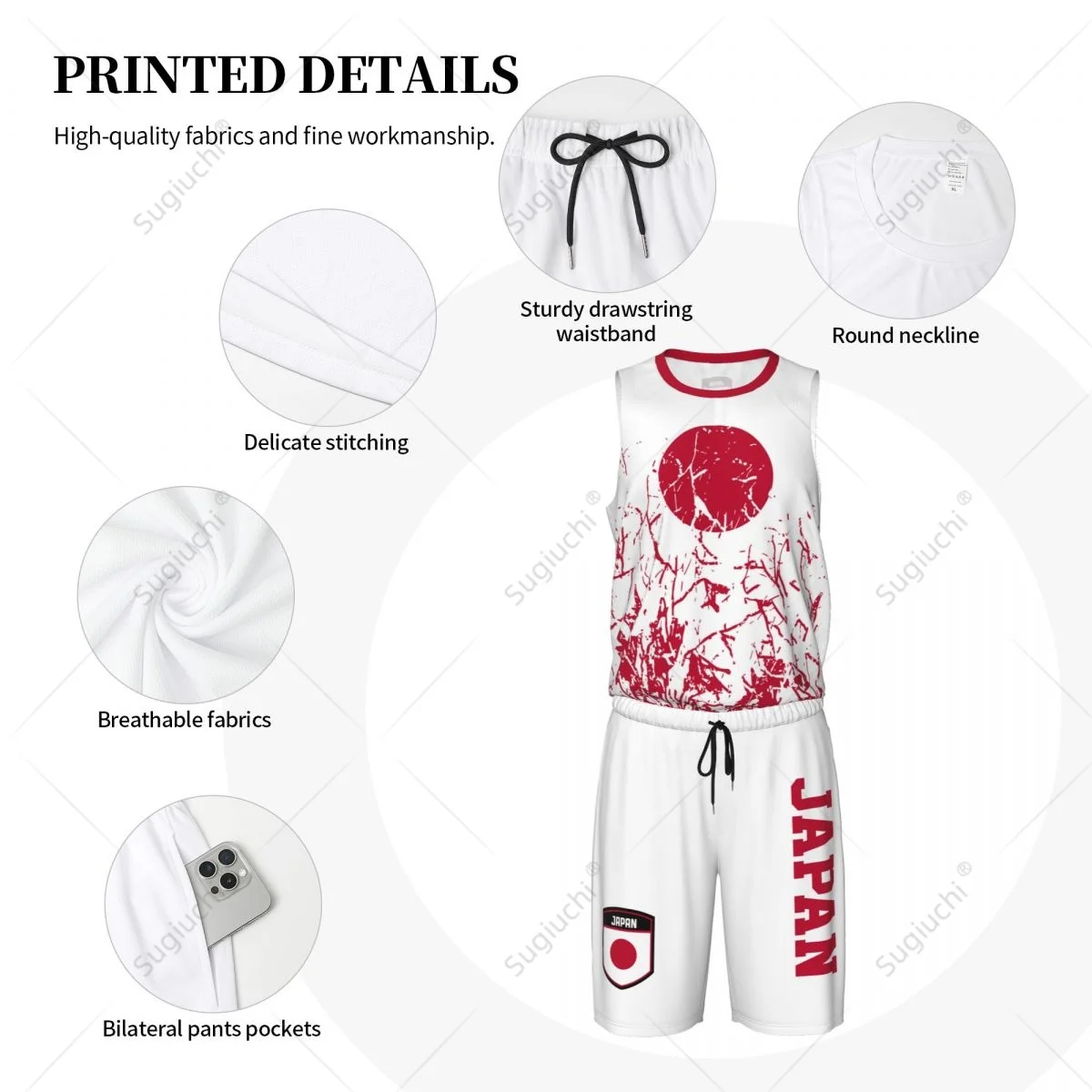 Team-Up Japan Vlag Graan Heren Basketbal Jersey Set Shirt & Broek Mouwloze Aangepaste Naam Nunber Exclusief