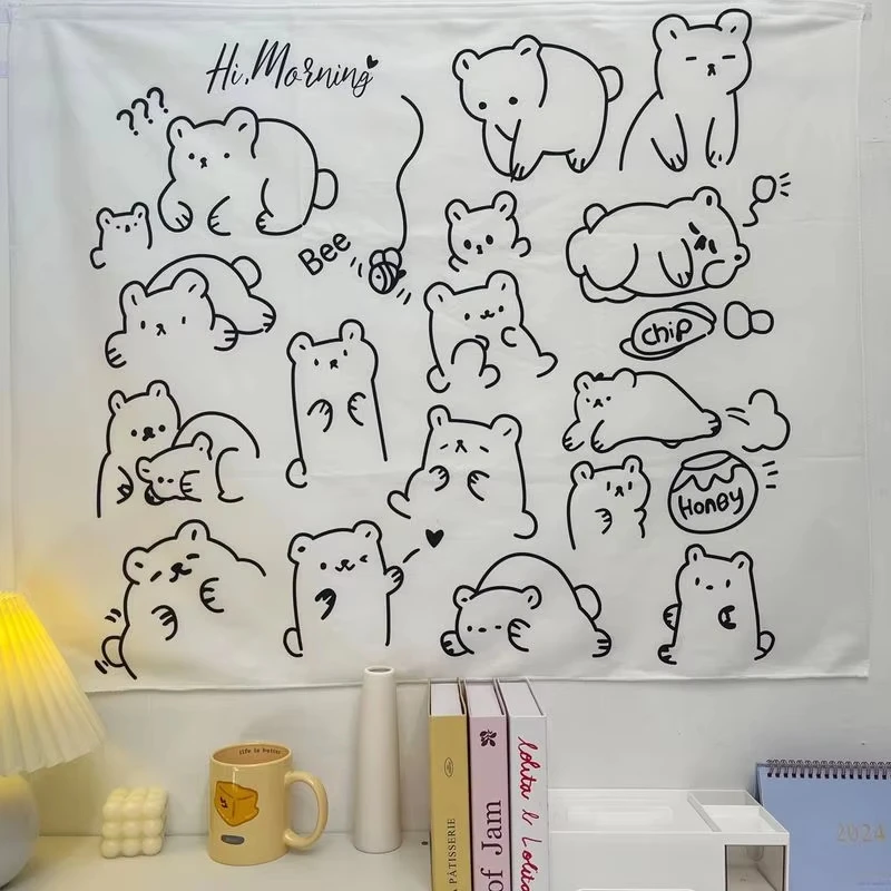 Black and White Simple Pen Teddy Bear Tapestry Wall Art Hanging for Bedroom Living Room Decor Teddy Bear Honey Cartoon