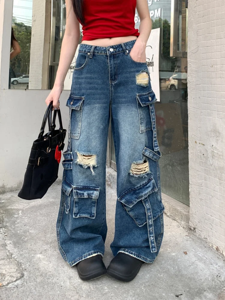 

2025 Cyber Y2K Streetwear Washed Blue Ripped Baggy Cargo Jeans Pants For Women Clothing Wide Leg Lady Denim Trousers Ropa Mujer