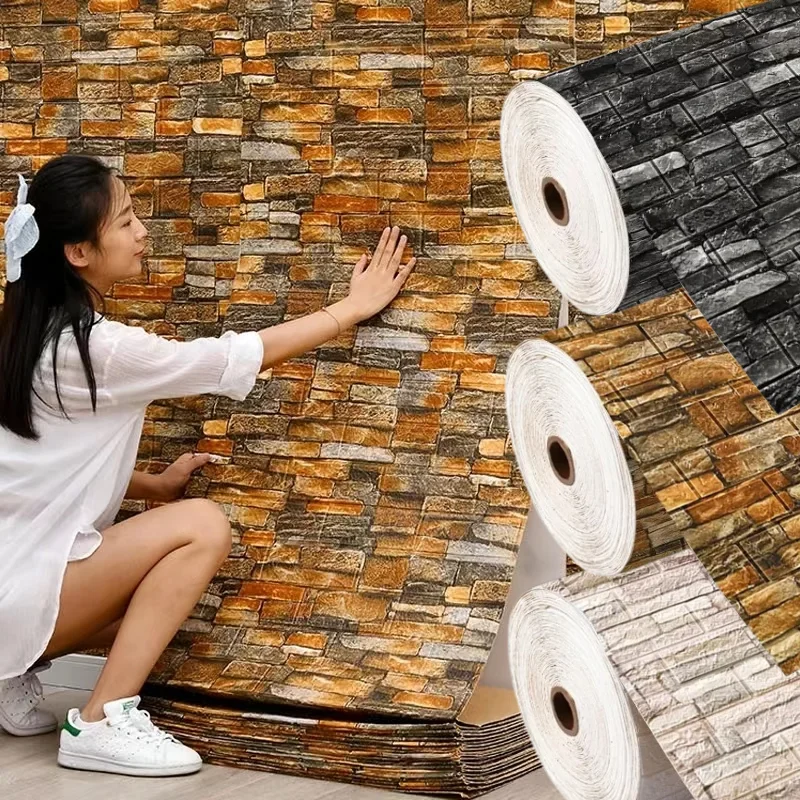 Retro 3D Wall Sticker 70cmx1m Brick Texture Self Adhesive Wallpaper Waterproof Anti-stain Living Room Indoor House Wall Decor