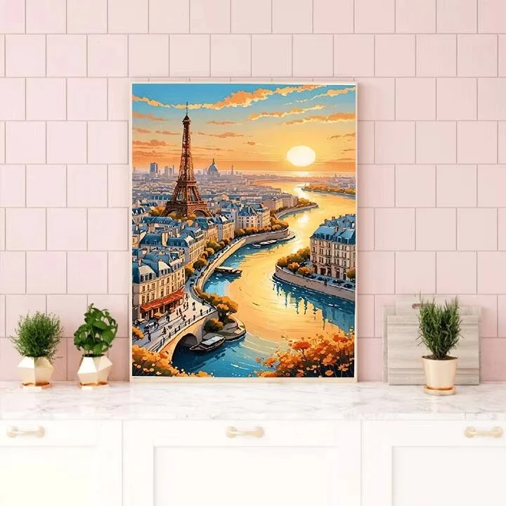 

A view of the Seine River in Paris under a gilded sunset Diamond Painting DIY 5D Mosaic Cross Stitch Home Decor Gift