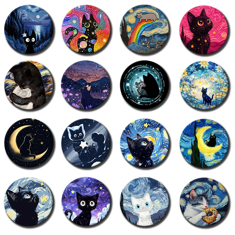 Creative Van Gogh Cat Starry Night Pins Funny Round Cartoon Badge Handmade Lapel Brooches for Backpack Shoes Decor Jewelry Gifts