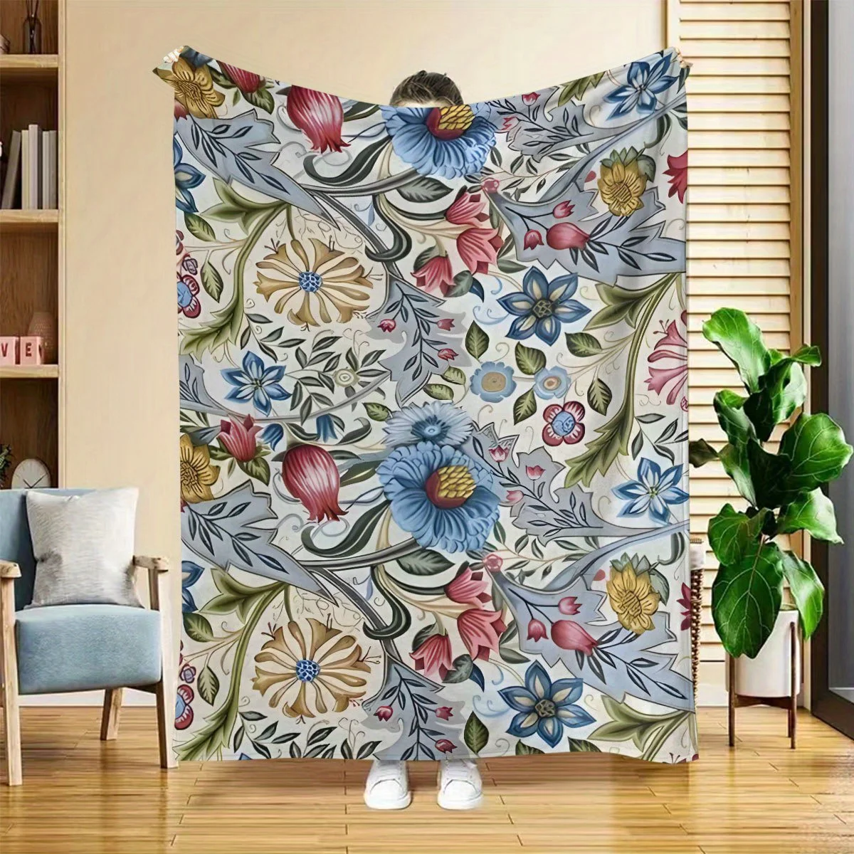 Aesthetic Retro Ornate Floral Botanical Art Flannel Blanket, Lightweight Warm Throw Blanket Bedroom Sofa Camping Daily Use Gift