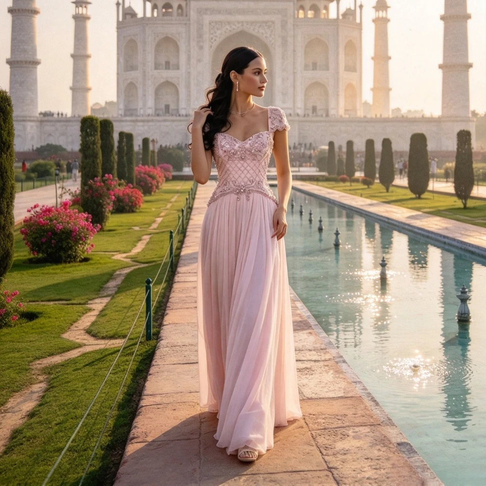 Customized Hat Sleeve Beaded A-line Sparkling Evening Dress 2026 Pink Folded Patchwork Floor Dance Gown Suitable for Parties