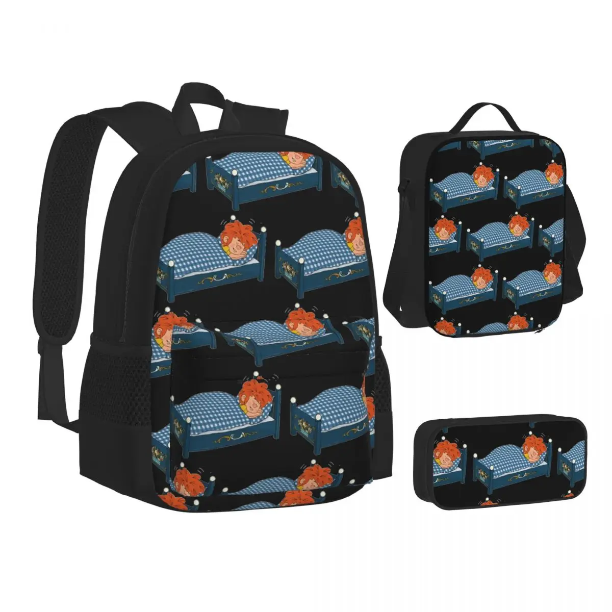 

Pumuckl Schlaft Auf Seinem Bett Backpacks BoysGirls Bookbag Children School Bags Kids Rucksack Lunch Bag Pen Bag Three-Piece Set
