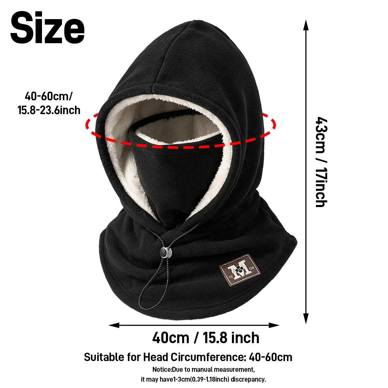 Musion Winterfleece-Sturmhaube, doppellagig, winddicht und warm, ideal zum Radfahren, Skifahren, als Schutz vor Kälte und als Nackenschutz. – Detail 3