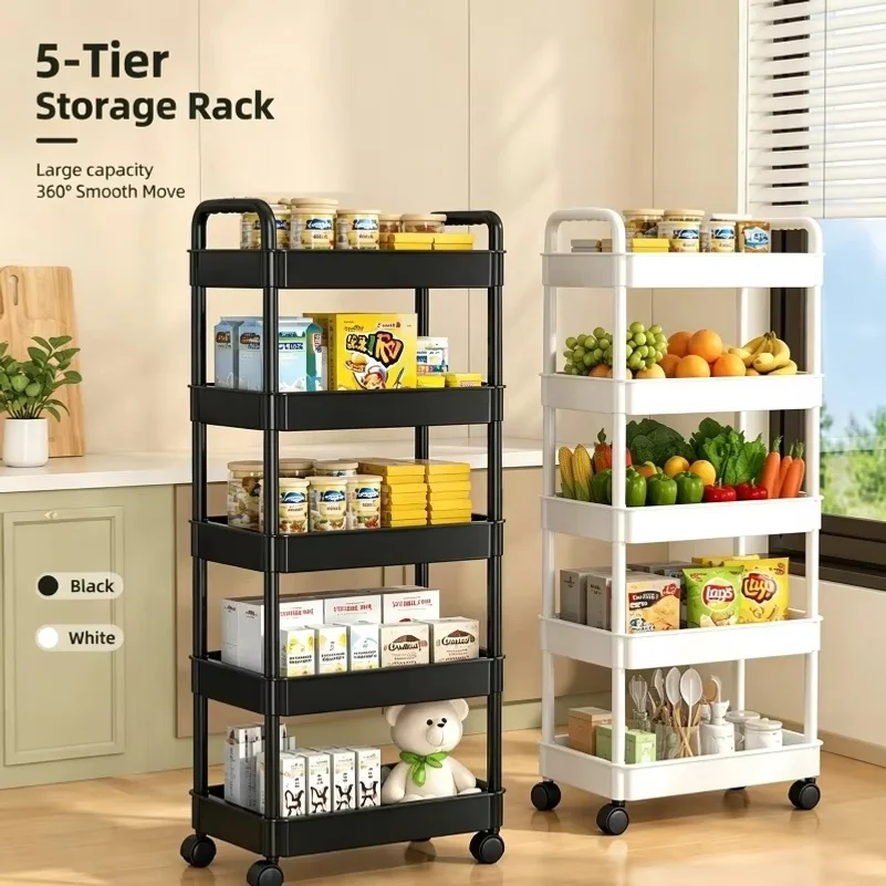 5-Tier Mobile Trolley Storage Rack Rolling Cart Floor Shelf with 360° Wheels for Kitchen Bathroom Fruit Vegetable Snack Holder