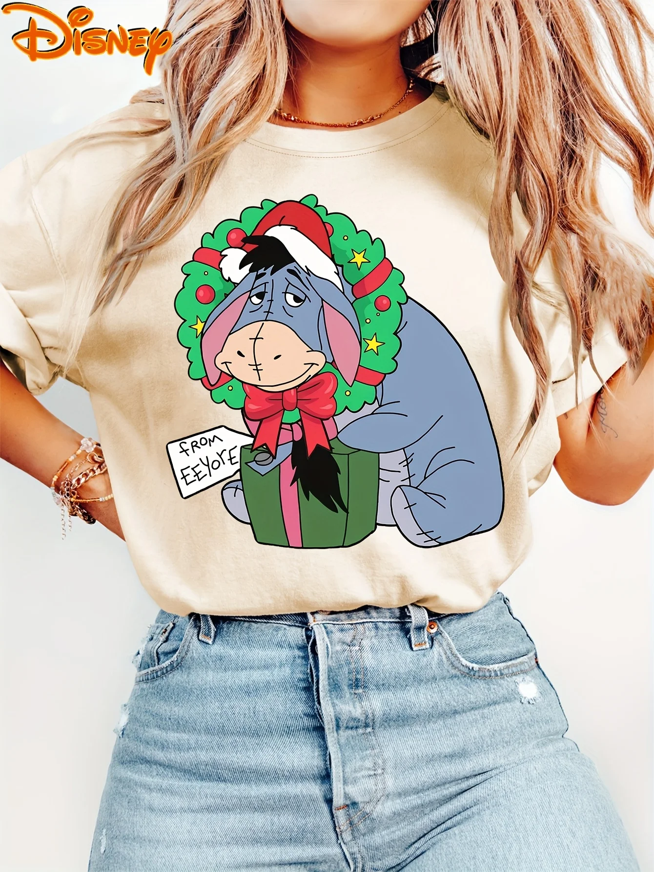 

Женская Рождественская футболка с Винни-Пухом Диснея, мужская хлопковая футболка с круглым вырезом, повседневная уличная одежда большого размера с короткими рукавами, свободная