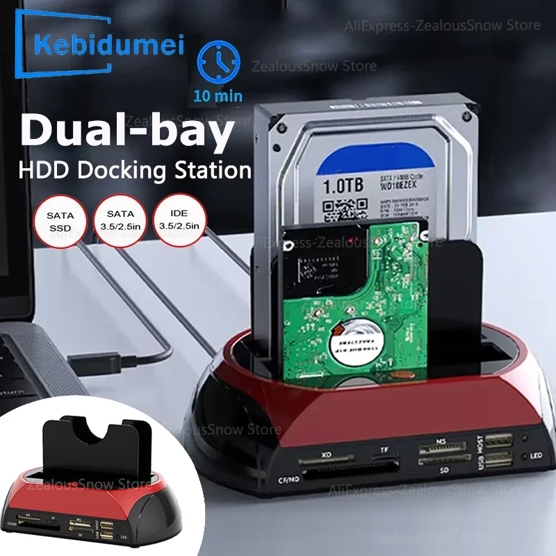 Stazione di archiviazione a doppio slot per dischi rigidi USB 3.0 da 2,5/3,5 pollici SATA SSD HDD con HUB, lettore SD TF, adattatore IDE USB 2.0, connettore EU