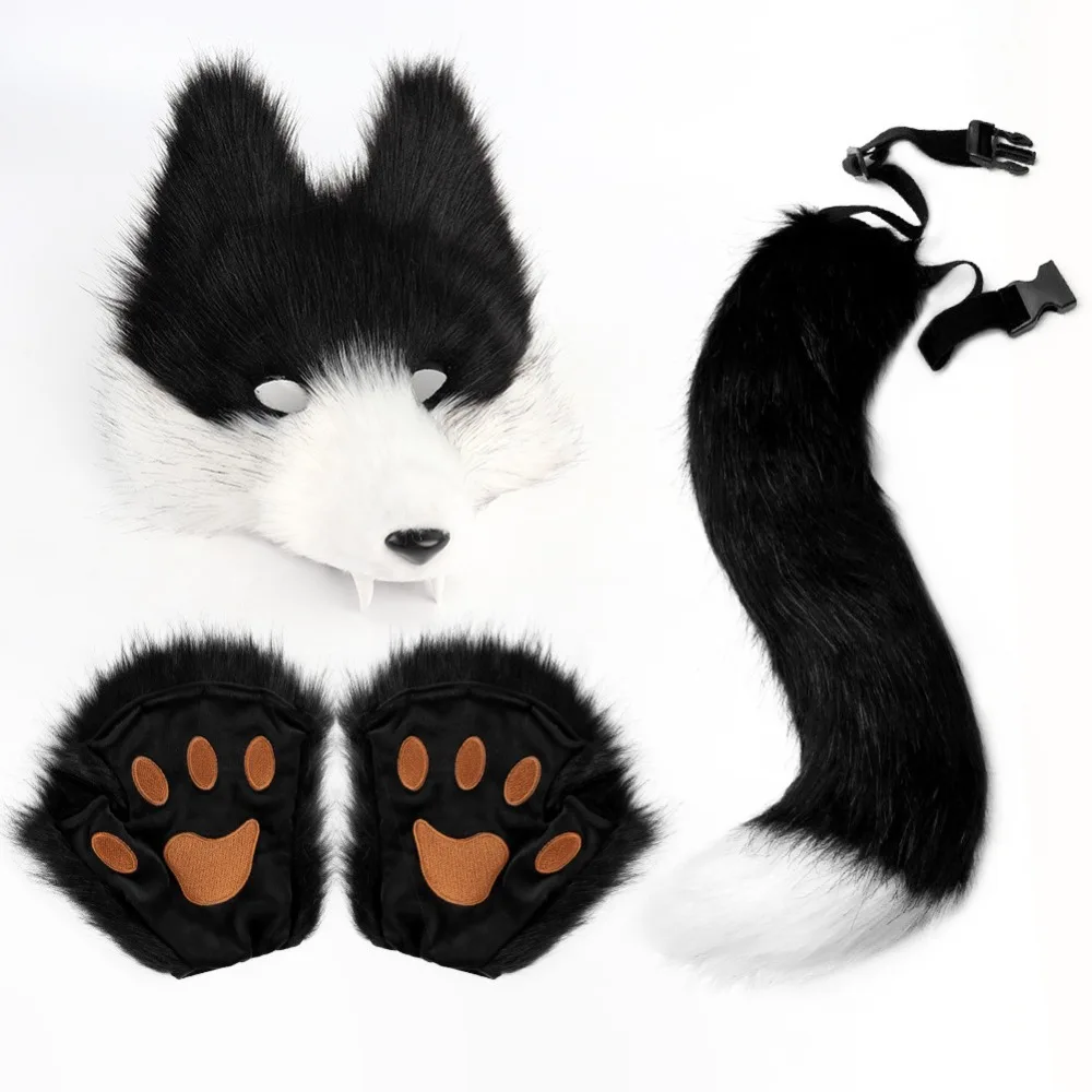 

Simulation Wolf Mask Set Wolf Tooth Three-dimensional Cospaly Beast Tail Plush Tail Halloween Dance Party Props Accessories