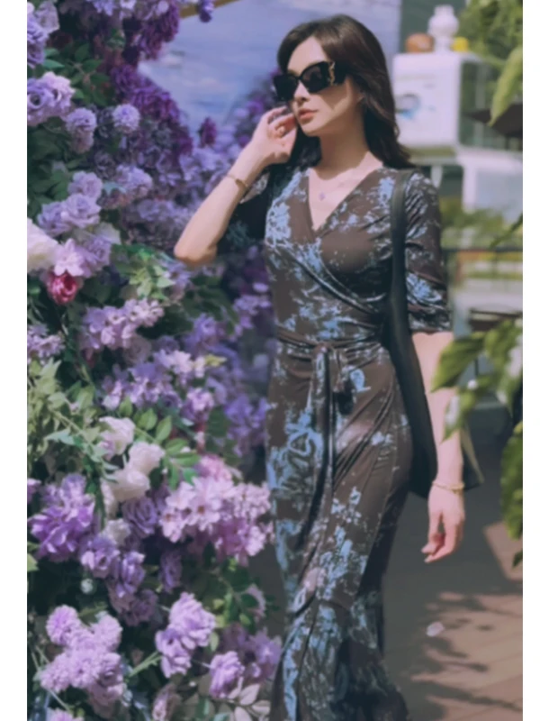 

Summer Ink Painting adient Print Wrap Dr V-Ne-Piece Ele High Waist Polyester ort Sve Slim Fit Ci Commute