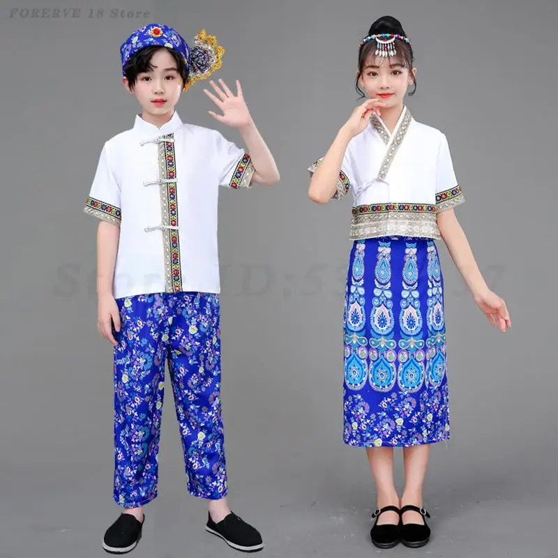 Etniczne dziecięce ubrania do tańca Tujia Zhuang Yi Dai kostiumy tybetańskie chłopiec dziewczyna tradycyjny mundur Dai letni strój Dai Cosplay