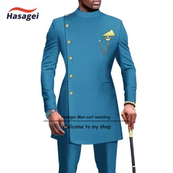 African Style Men's Suit 2 Piece Wedding Tuxedo Single Breasted Long Jacket Pants Formal Groom Outfit