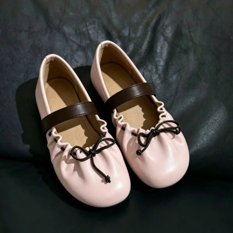 Zapatos Planos de Ballet con Detalle de Lazo para Mujer, Zapatos Lolita de Diseño con Correa Ancha Única, Zapatos Casuales Elegantes con Punta Redonda, Zapatos de Oficina