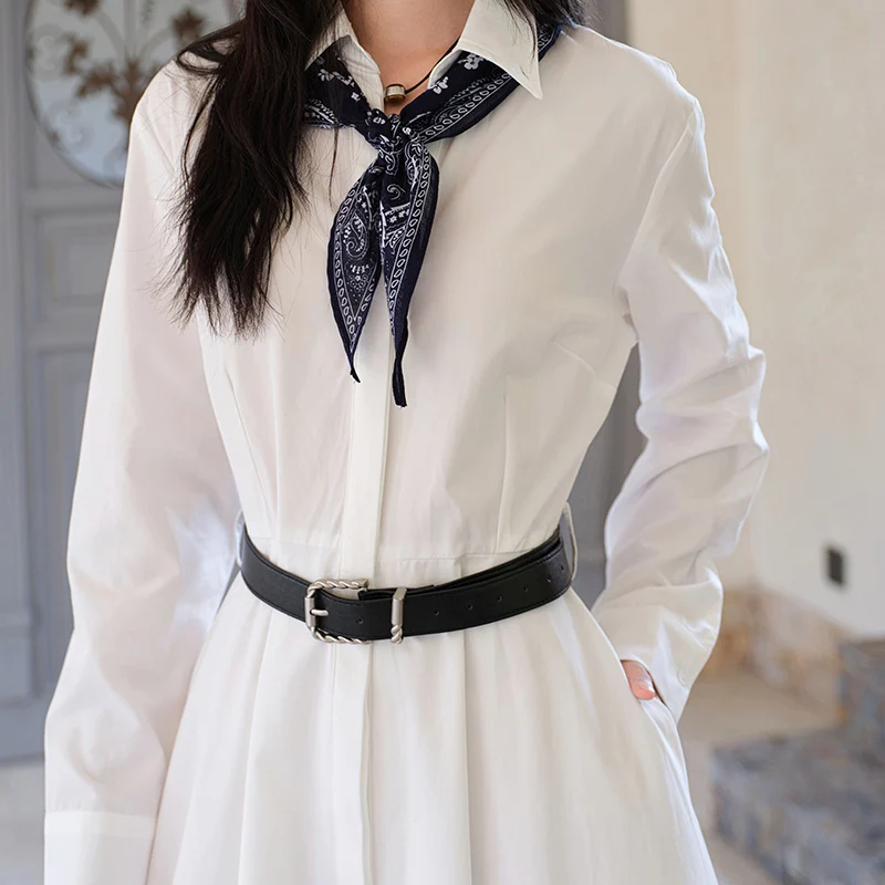 ARTKA 2025 Autumn New Women Dress French White Shirt A-Line Long Dresses Long Sleeve High Waist Dress With Scarf Belt LA82050Q