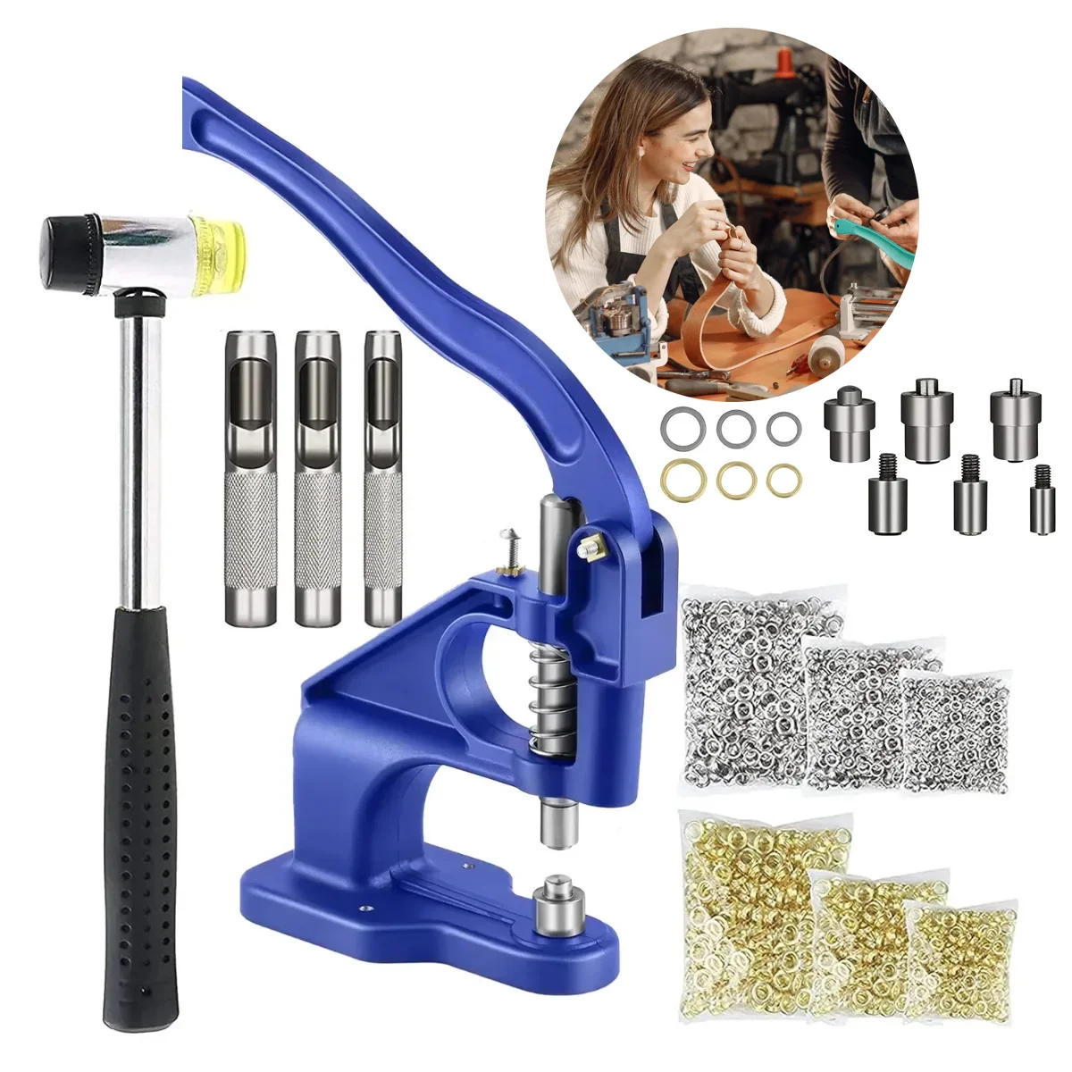 

Hand Press Grommet Machine with 3000Pcs Sliver/Gold Grommets 3 PCS Installation Tools for Fabric Snap Buttons Rivets & Punch