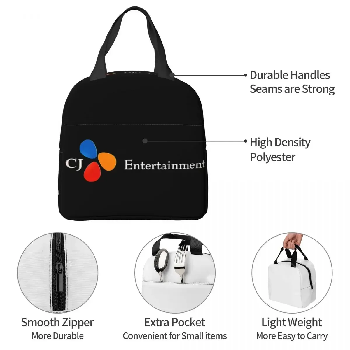 CJ Entertainment Logo Insulated Lunch Bags Resuable Picnic Bags Thermal Cooler Lunch Box Lunch Tote for Woman Work Kids School