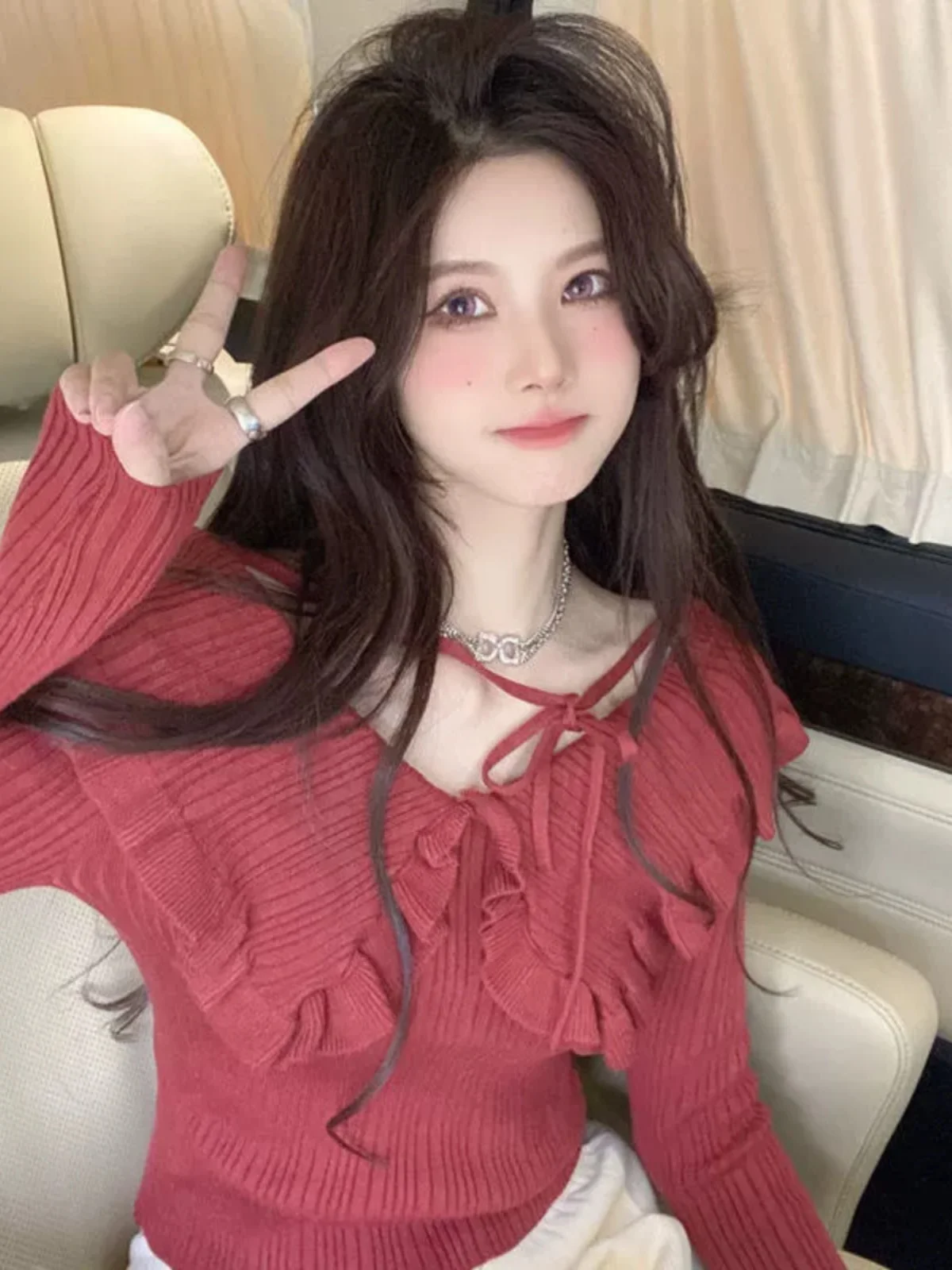 

Slimming V-Ne Knitted Sweater Women's Inner Wear T-irt Spring Autumn Pure Desire Sle Wooden Ear Trendy Top