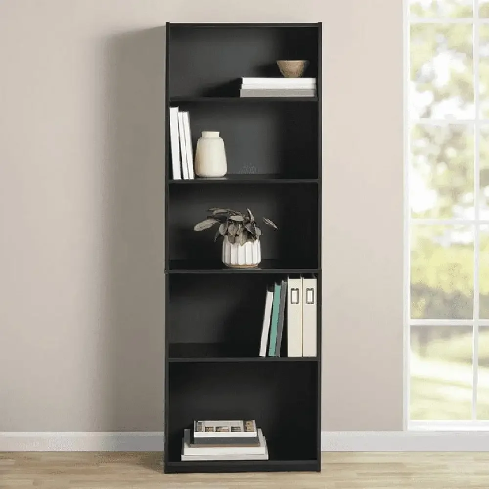 True Black Oak 5-Shelf Bookcase Adjustable Storage Solution Office Living Room